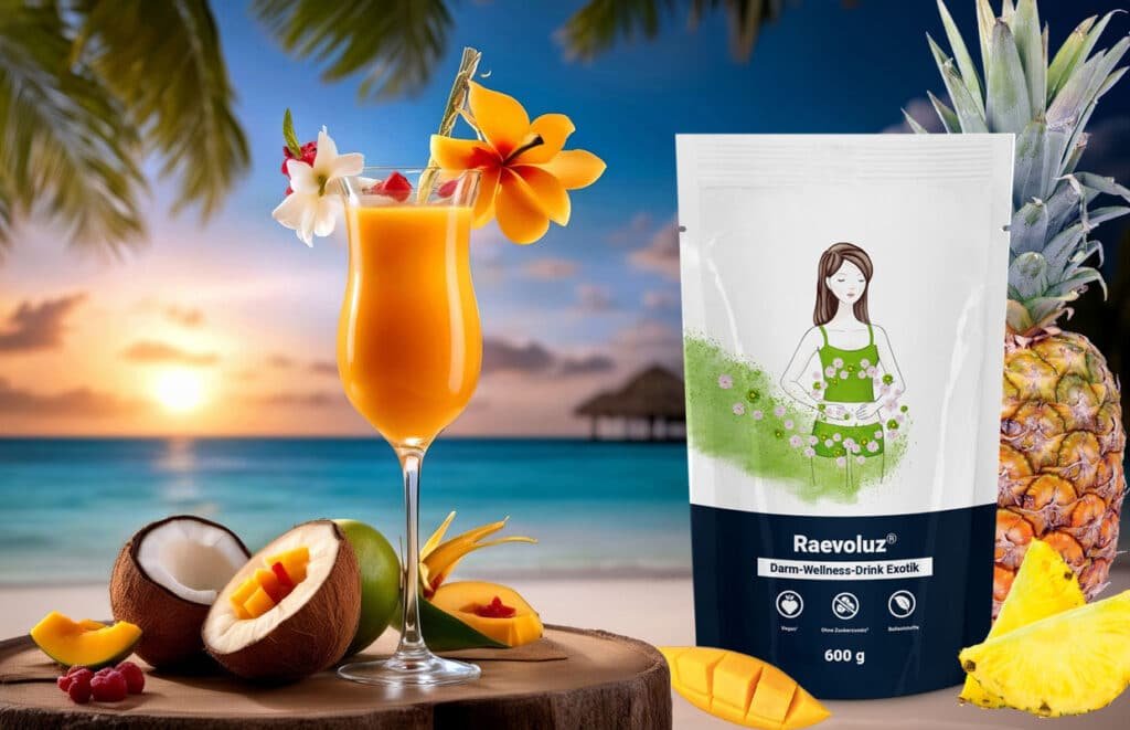 Raevoluz® Darm-Wellness Drink Exotik in weiß-blauer Verpackung, umgeben von Ananas, Mangostücken, Kokosnuss und einem tropischen Getränk, vor einem Hintergrund mit Meer, Palmen und blauem Himmel.